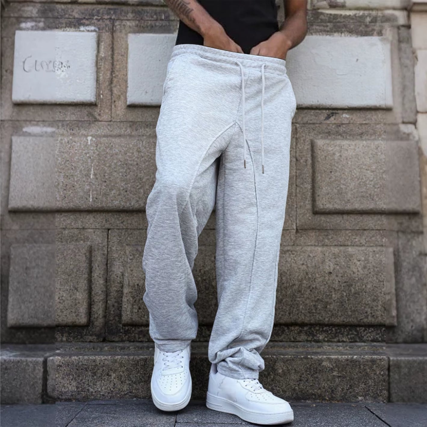 YHOPE Men'S Baggy Stacked Sweatpants Drawstring Waist Wide Leg Flared Sweatpants Streetwear